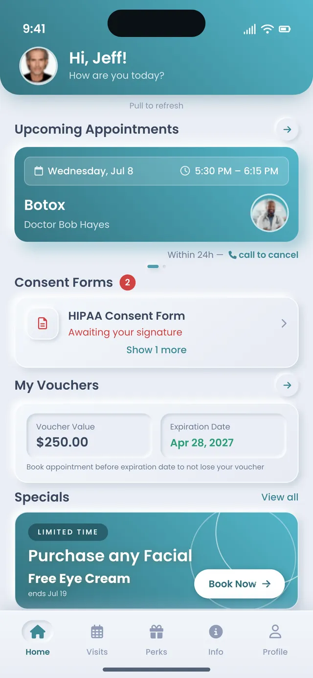 The AEVA patient app home screen with the next appointment, a pending consent form, a voucher, and the loyalty level