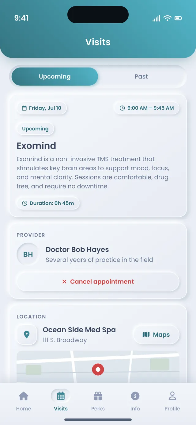 The AEVA patient app Visits tab showing upcoming, past, and favorite appointments