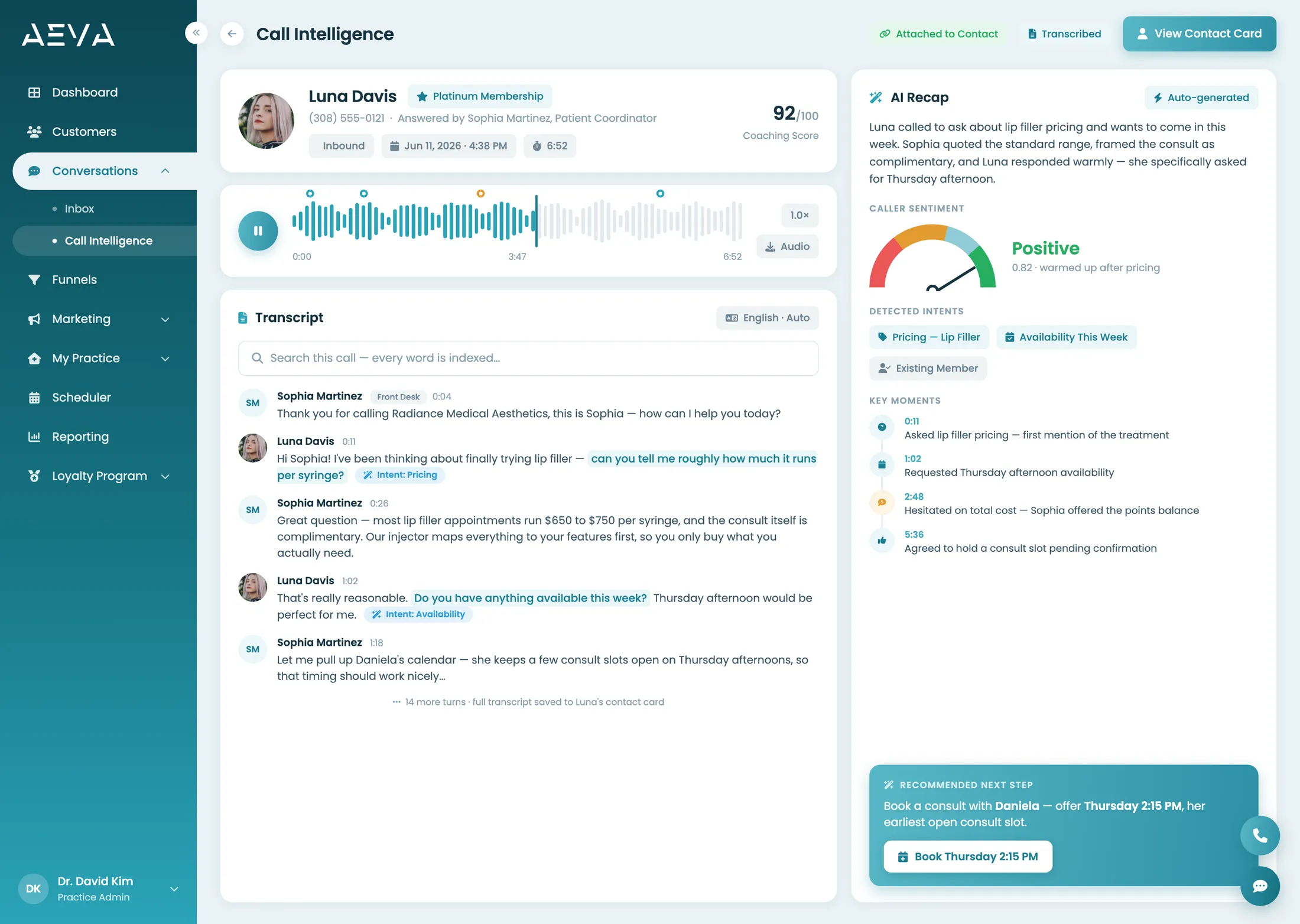 AEVA platform call intelligence view showing a call transcript, AI recap, sentiment, and recommended next step