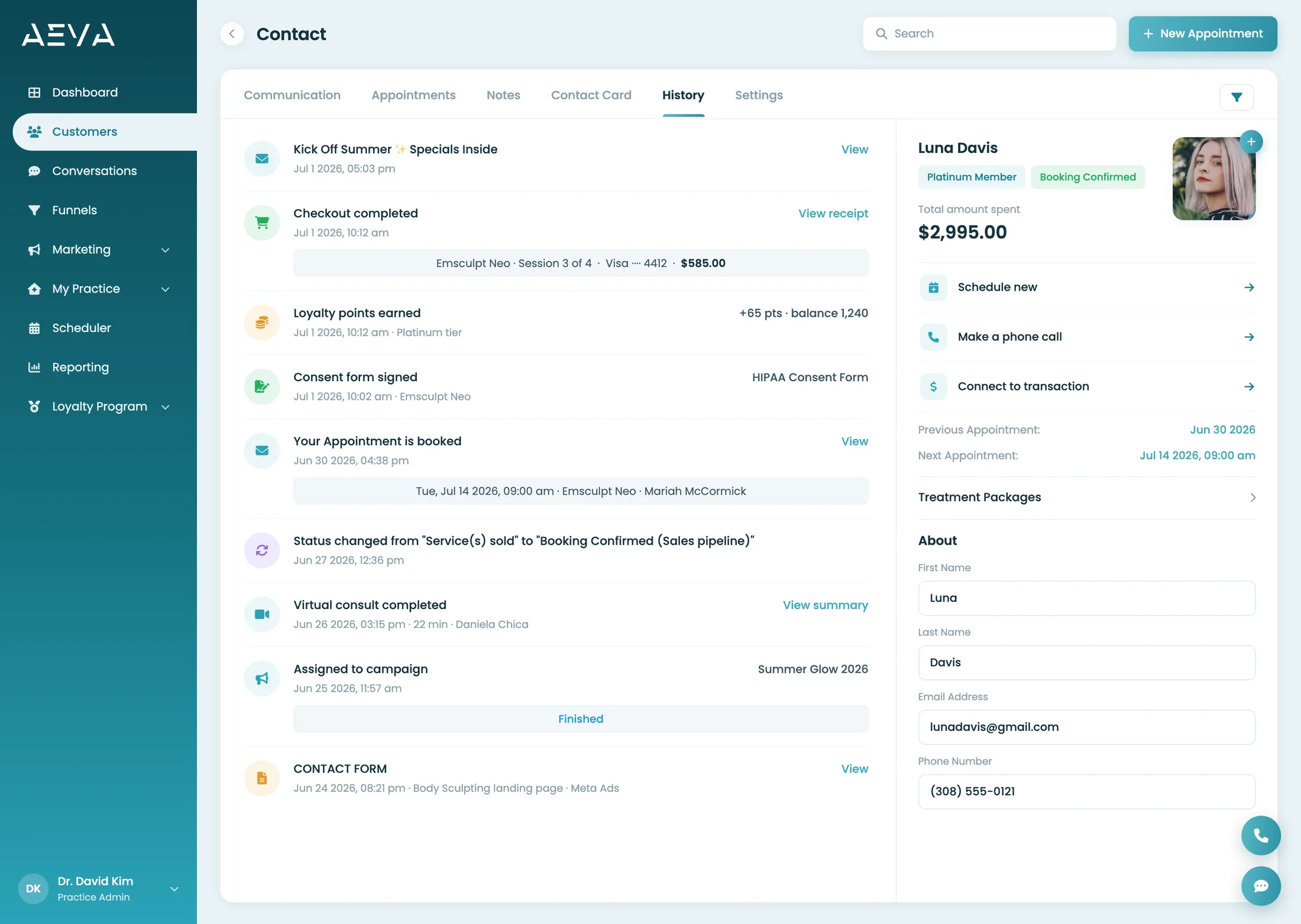 AEVA CRM patient record holding contact history in one thread