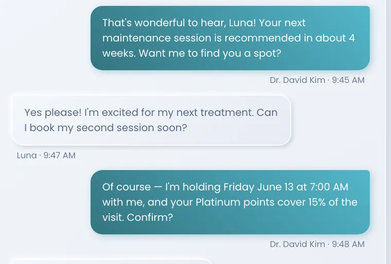 AEVA unified inbox showing SMS, calls, and social messages in one patient thread