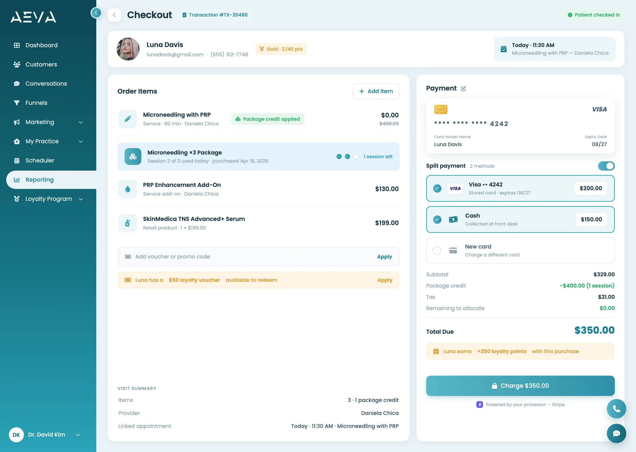 AEVA platform checkout showing an order with package credits, split payment, and loyalty points