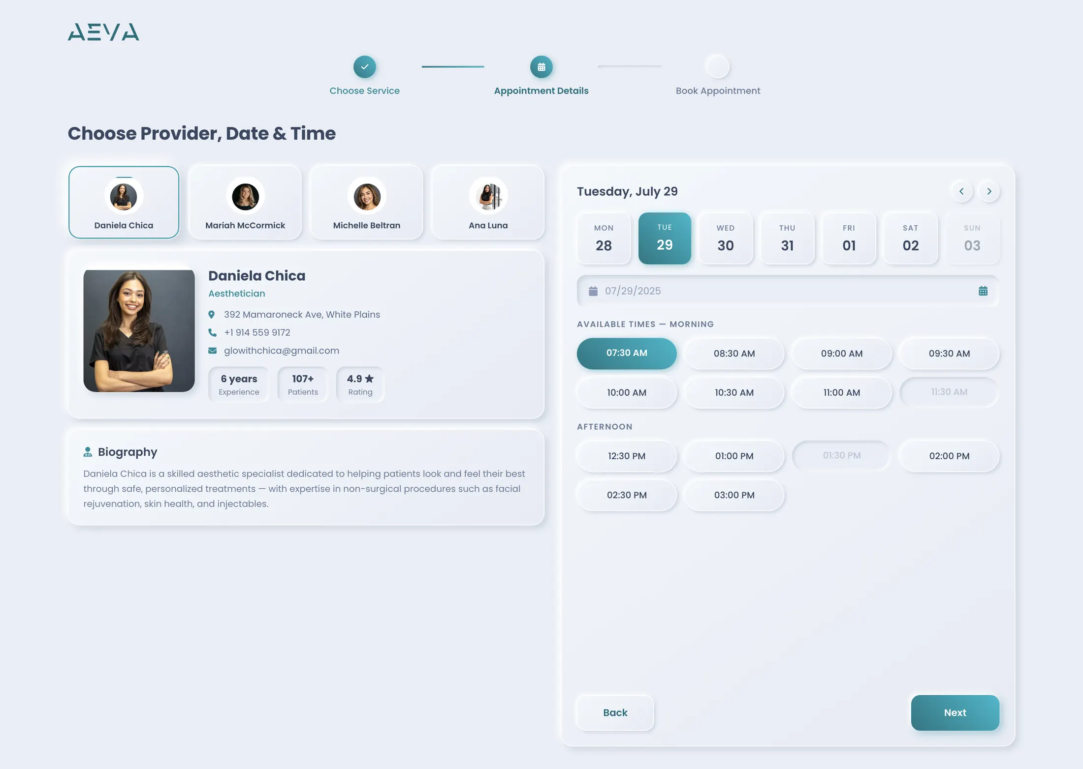 AEVA scheduling calendar with multiple providers booked across the day