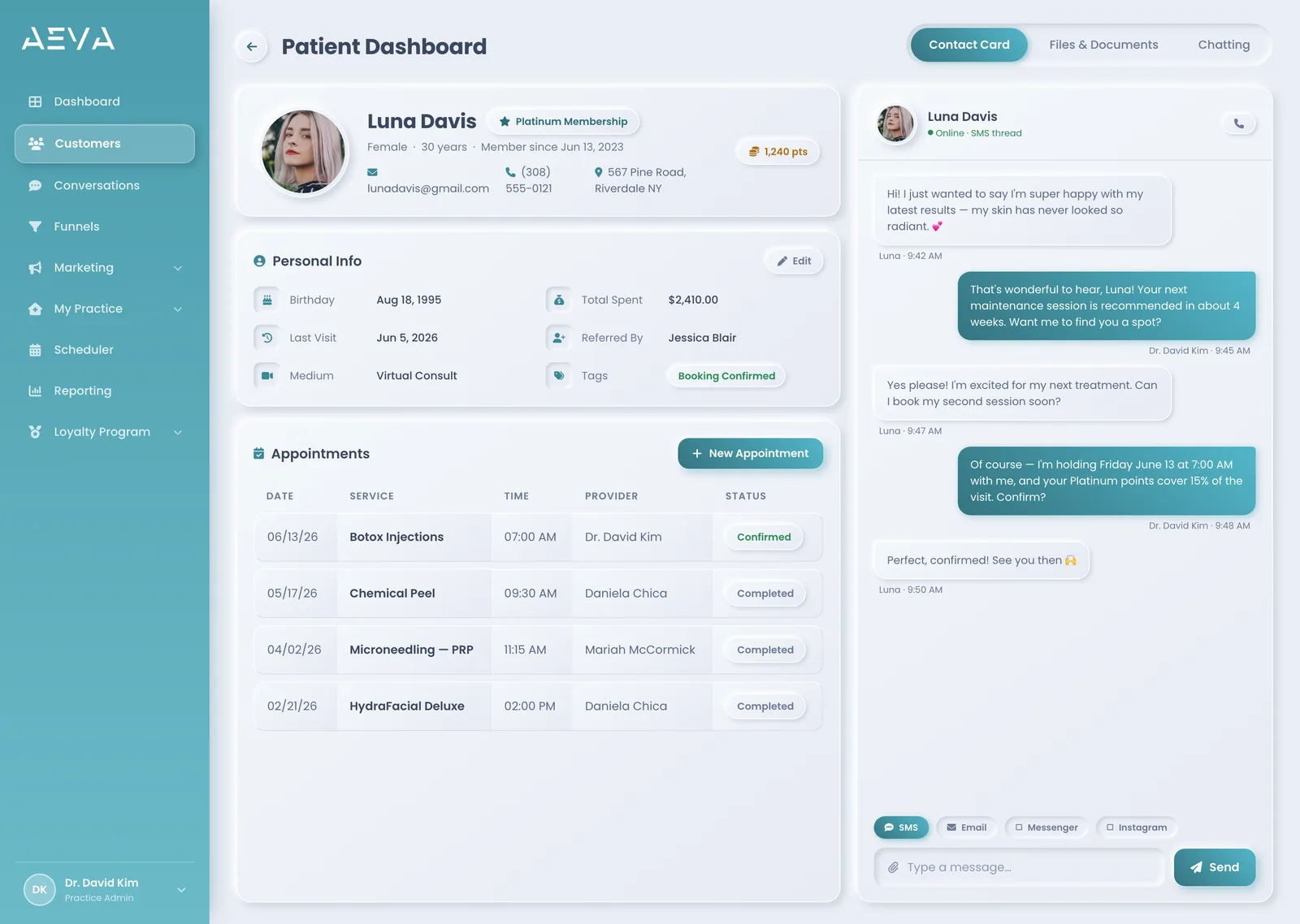 AEVA patient dashboard showing one connected patient record with appointments, billing, and history
