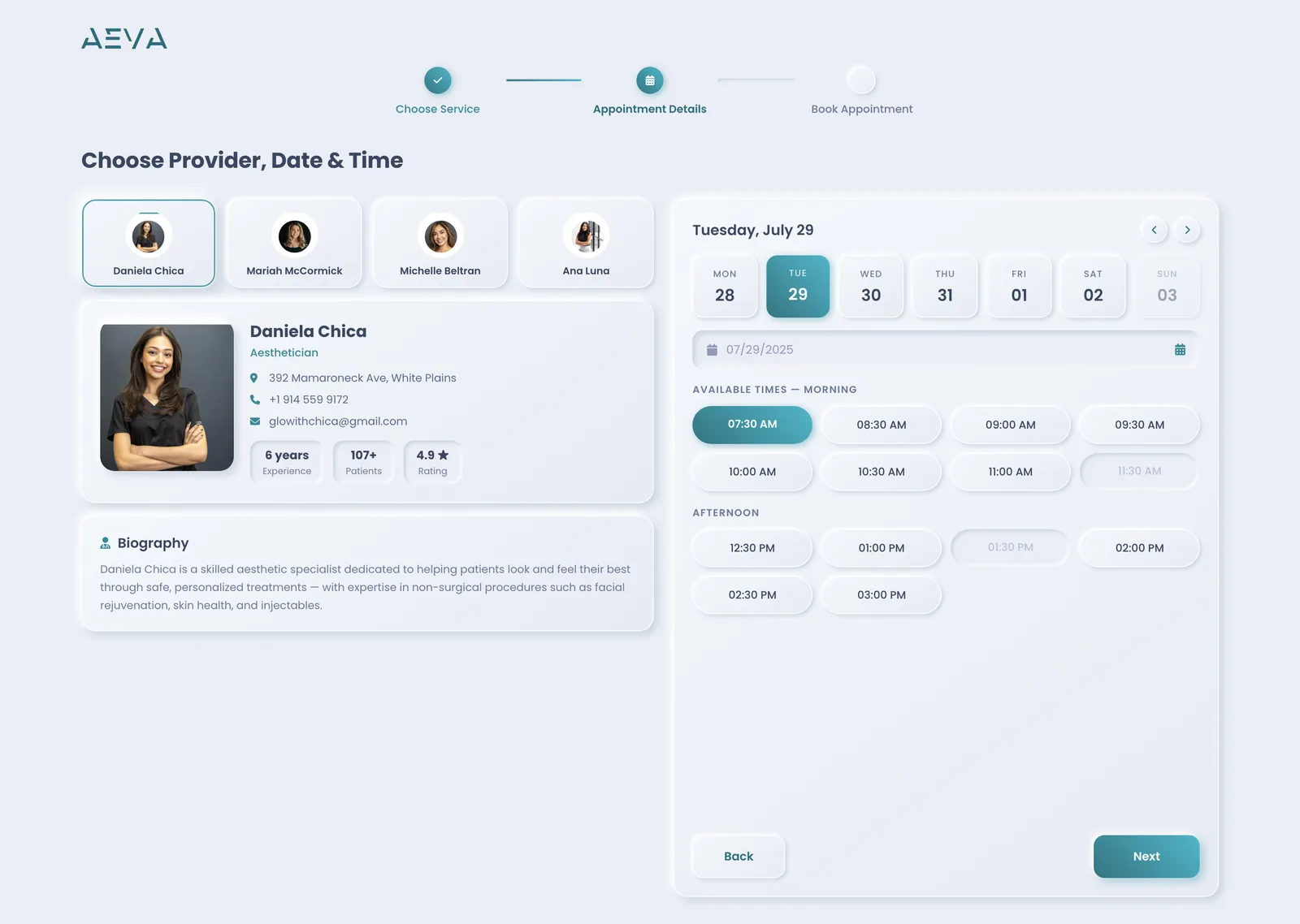 AEVA scheduling view with real-time provider availability